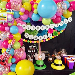 80s disco theme party decoration set with retro radio balloons and colorful arch