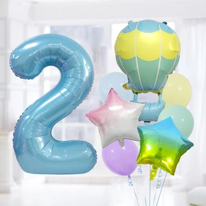 Kit ballons chiffre 2 bleu 40 pouces avec montgolfière et étoiles pour fête d'anniversaire