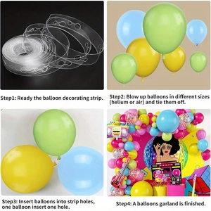 Detailed view of the transparent balloon decorating strip with a four-step assembly guide