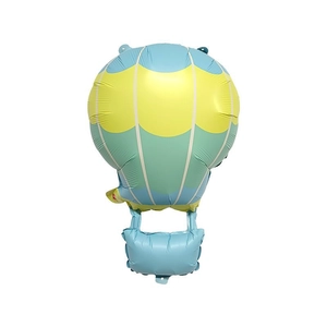 Détail du ballon en aluminium en forme de montgolfière bleu, jaune et vert menthe