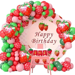 Strawberry birthday party decoration kit with balloon arch and happy birthday backdrop