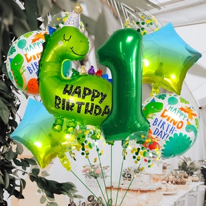 Detailliertes Dinosaurier-Ballonset zum 1. Geburtstag mit großer Zahlen-1-Ballon