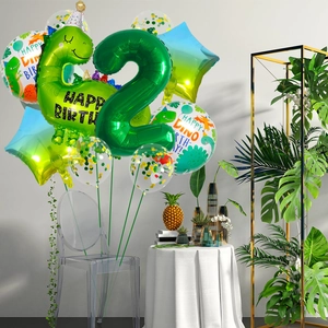 Detailliertes Dinosaurier-Ballon-Set zum 2. Geburtstag mit großer grüner Zahl 2 und Dino