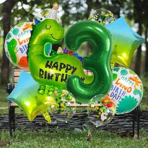 Deko-Set zum 3. Geburtstag mit grüner Zahl 3 und süßen Dinosaurier-Folienballons