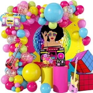 Retro disco party balloon garland set with radio foil balloons and vibrant background