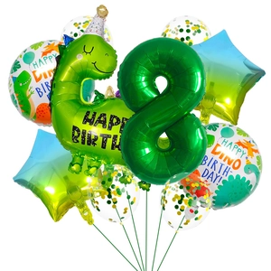 Detailansicht Dino-Ballonset zum 8. Geburtstag mit grünem Folien-Zahl und Konfetti-Ballons