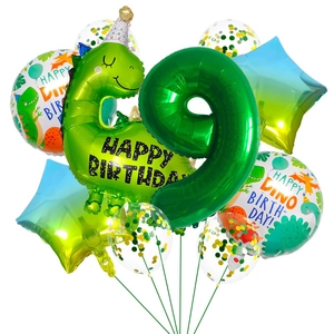 Dinosaurier-Geburtstagsballon-Set mit grüner Zahl 9 und glänzenden Sternfolienballons