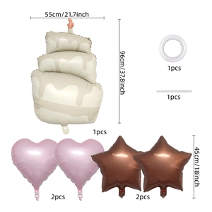 Birthday balloon set featuring matte cake, pink hearts, and brown stars with accessories
