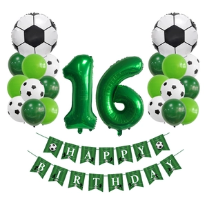 Kit déco 16e anniversaire thème foot avec ballons chiffres verts et bannière joyeux