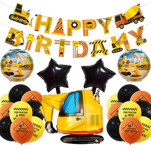 Construction Vehicle Theme Birthday Party Decorations Aluminum Foil Latex Balloons Happy Birthday Banner Excavator Crane Kids