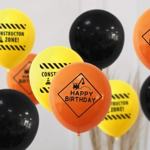 Construction party latex balloons set featuring yellow orange black excavator patterns