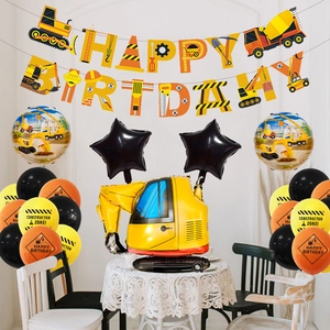 Construction party decor kit with digger foil balloon, banners, and colorful latex balloons