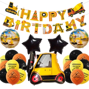 Construction vehicle birthday party kit with yellow crane balloon and themed banners