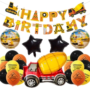 Construction vehicle theme birthday set with banner and assorted foil latex balloons
