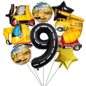 Kit festa cantiere con palloncino numero 9, escavatori e stelle con motivi
