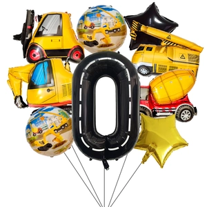 Dettaglio set palloncini veicoli da cantiere con numero zero a strisce nere