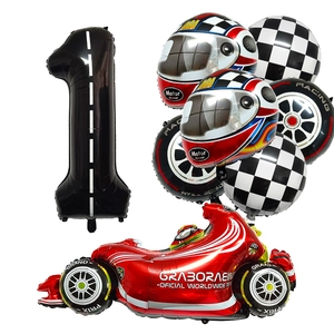 Racing theme balloon set featuring F1 car, helmet, and checkered flags for birthday decor
