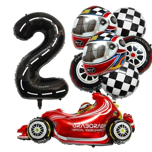 Racing party set detail with number 2 road balloon, helmet and checkered foil balloons