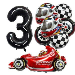 Racing theme party balloon set with F1 car, helmet, tire designs and black number 3