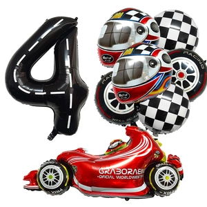 Racing party balloon set with number 4, race car, helmets and checkered flags