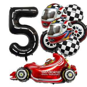 Racing birthday balloon set with number 5 road pattern and checkered flag balloons