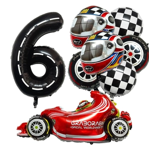 Racing party set with red F1 car, helmet, tire balloons and black number 6 for 6th birthday