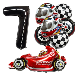 Racing party set with number 7 foil balloon, red race car, and checkered flag balloons