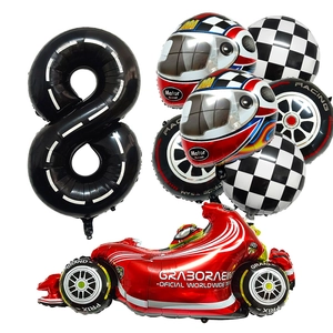 Racing theme balloon set featuring checkered flag, tire, and number 8 for birthday decor