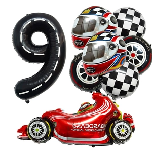 Racing themed balloon set with red car, helmet, tires and checkered flags for 9th birthday