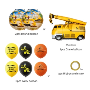 Construction party balloon set with crane shape, printed latex and round foil balloons