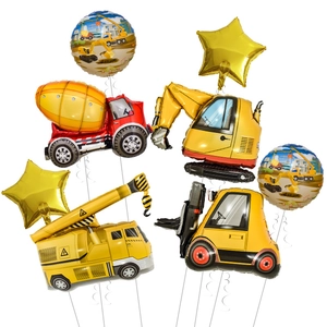 Construction vehicle foil balloon set with excavator crane and stars for kids party