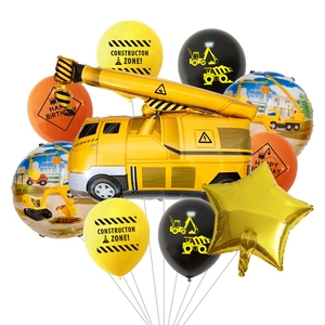 Detailed set of construction vehicle foil and latex balloons for themed birthday party decor
