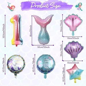 Mermaid theme party balloons set with gradient tail and size chart details in blue pink