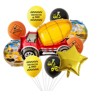 Construction theme party balloon set with red mixer truck and latex balloons for birthdays