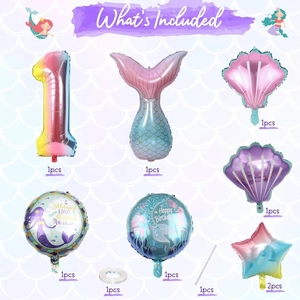 Detailed mermaid 1st birthday balloon kit with shiny foil number 1 and colorful shells