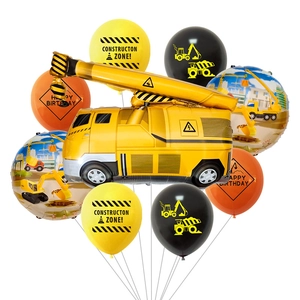 Construction party balloon set with giant crane and excavator themed foil balloons