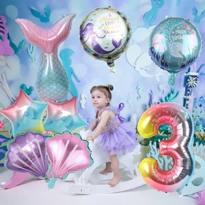 Detailed set of mermaid tail balloons with pink and blue gradients for 3rd birthday party