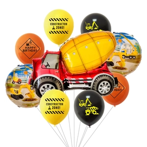 Detailed construction theme balloon set featuring cement mixer and excavators for birthday