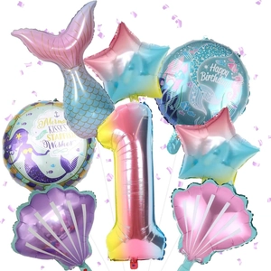 Detailed set of mermaid theme foil balloons featuring gradient fishtail and number one