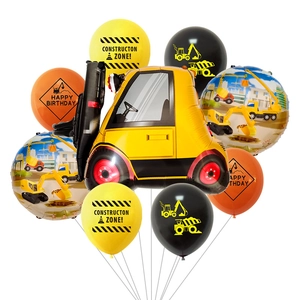Construction party balloon set with large yellow forklift and printed latex balloons