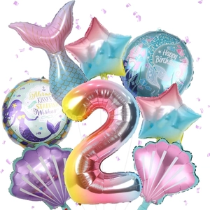 Detailed set of mermaid theme foil balloons with gradient number two and seashell accents