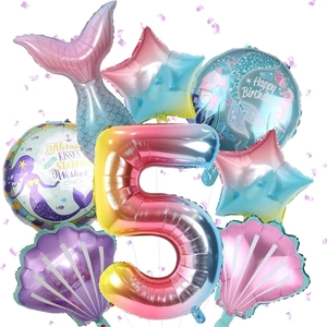 Mermaid theme 5th birthday party balloon set with gradient pink and blue fish tail shapes