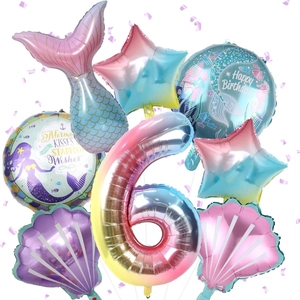 Mermaid birthday balloon set with number 6, gradient fish tail and seashell foil balloons