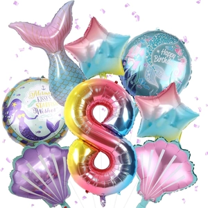 Mermaid theme balloon set featuring large gradient number 8 and iridescent shells