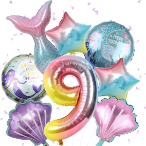 Detail of mermaid party balloon set with gradient number 9 and seashell shapes