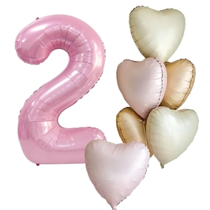 Pink pearlescent number 2 balloon set with multi-colored heart balloons for birthday parties
