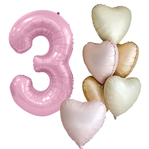 Pink number 3 balloon set with macaron heart foil balloons for birthday party decor