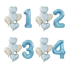 Ballons En Aluminium Bleu Nacré Chiffre Et Forme De Cœur Style Rétro Pour Fête D'Anniversaire Décoration De Fond