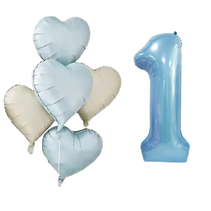 Lot de 5 ballons en aluminium bleu nacré chiffre 1 et cœur pour décoration d'anniversaire