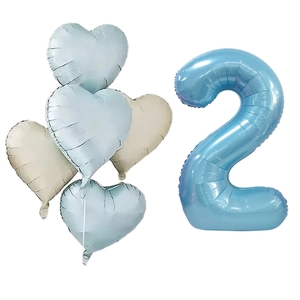 Ballon chiffre 2 bleu perlé et ballons cœur en aluminium pour décoration d'anniversaire